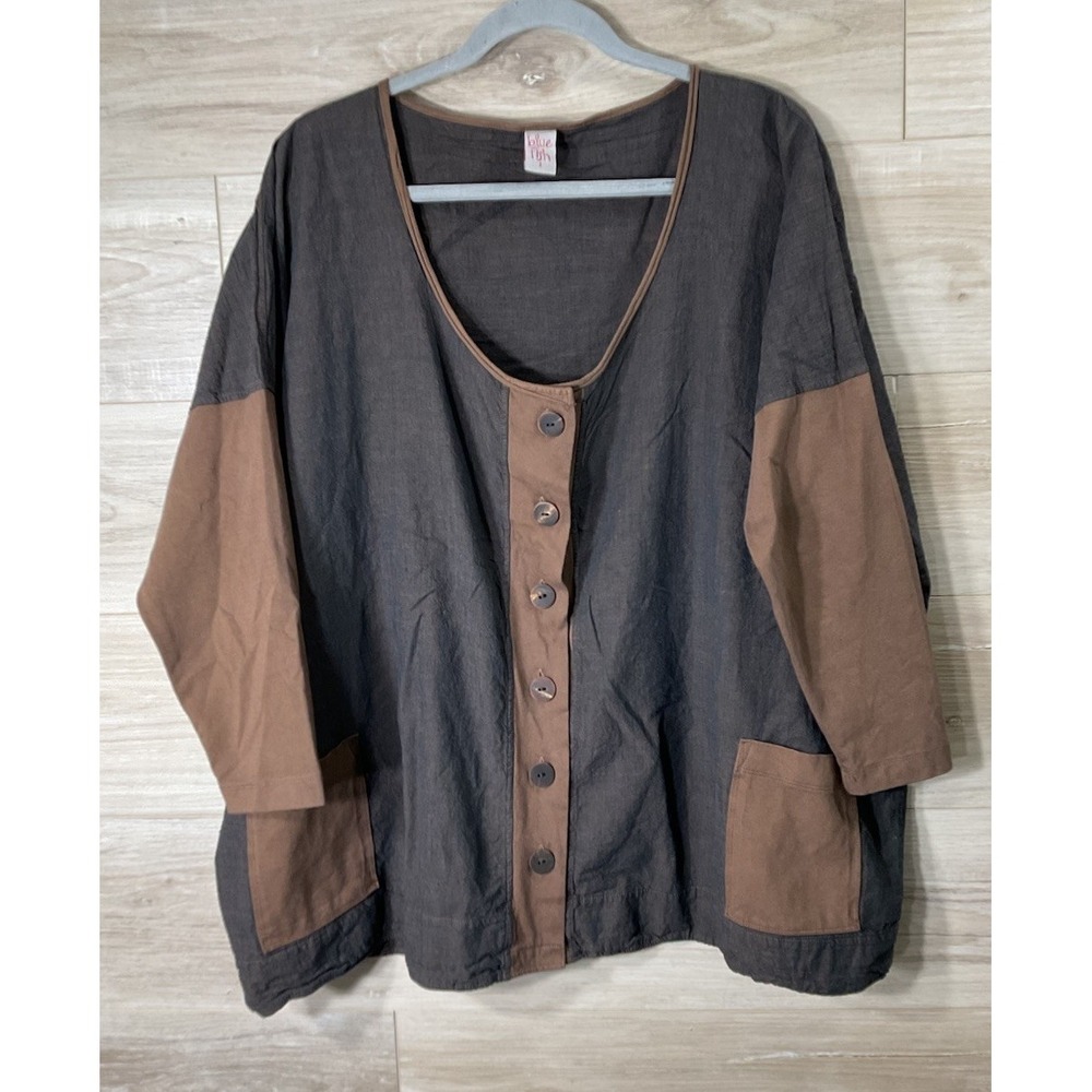 Blue Fish Oversized Gray Tan Cardigan Organic Cotton Size 1 (12-16) Lagenlook